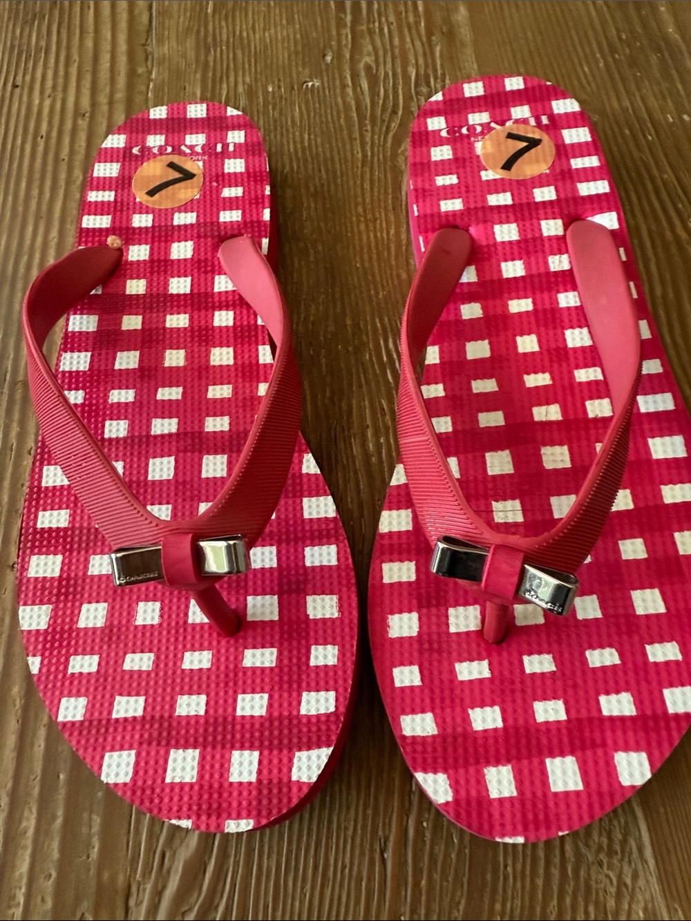 Coach Pink & White Gingham Flip Flop Sandals